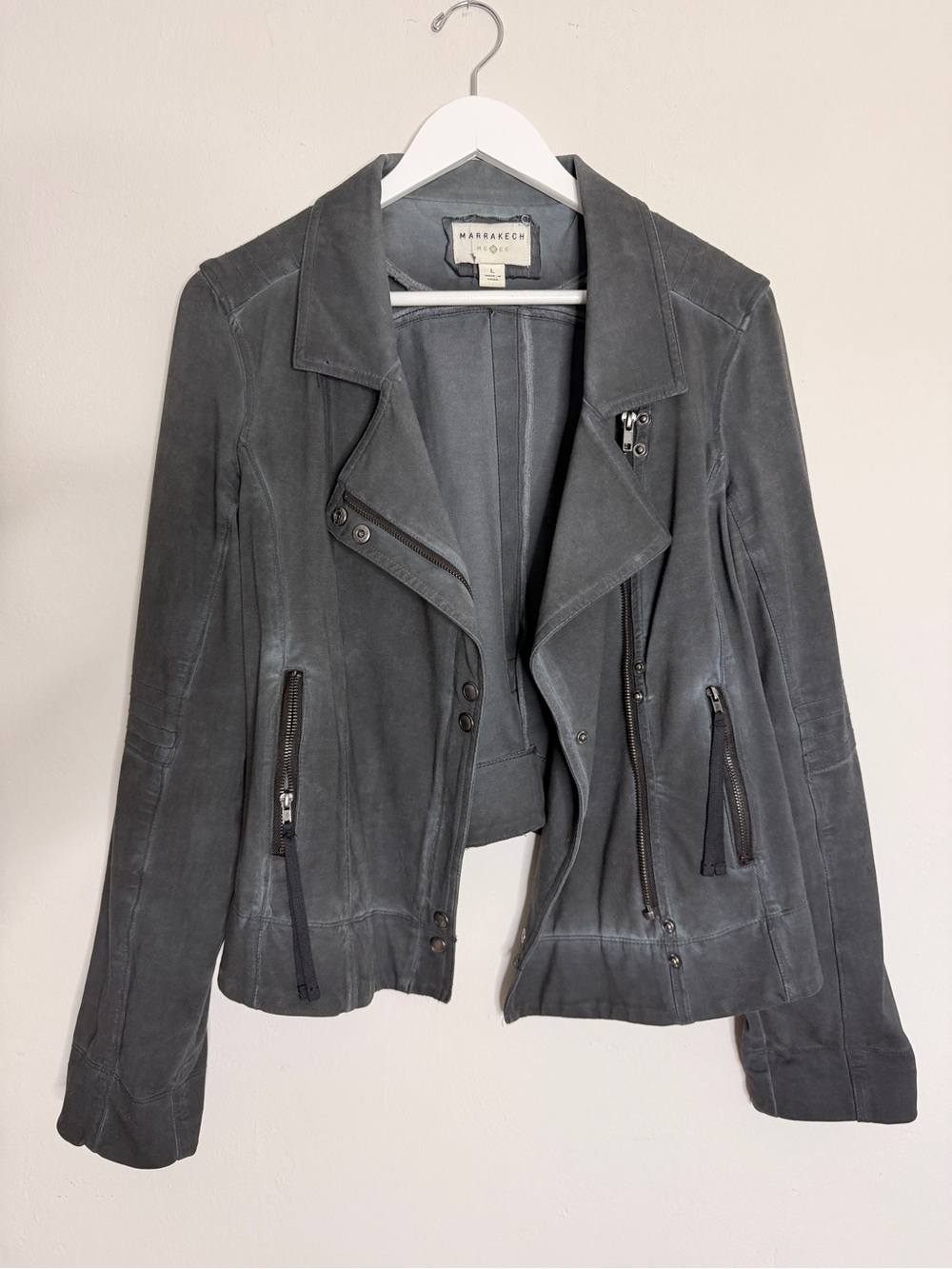Marrakech Anthropologie MCCC Gray Stretch Cotton Moto Jacket Large Asymmetrical